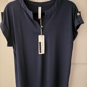 Popular Dear Scarlett Wrinkle free Navy Blue Blouse with Button Accent